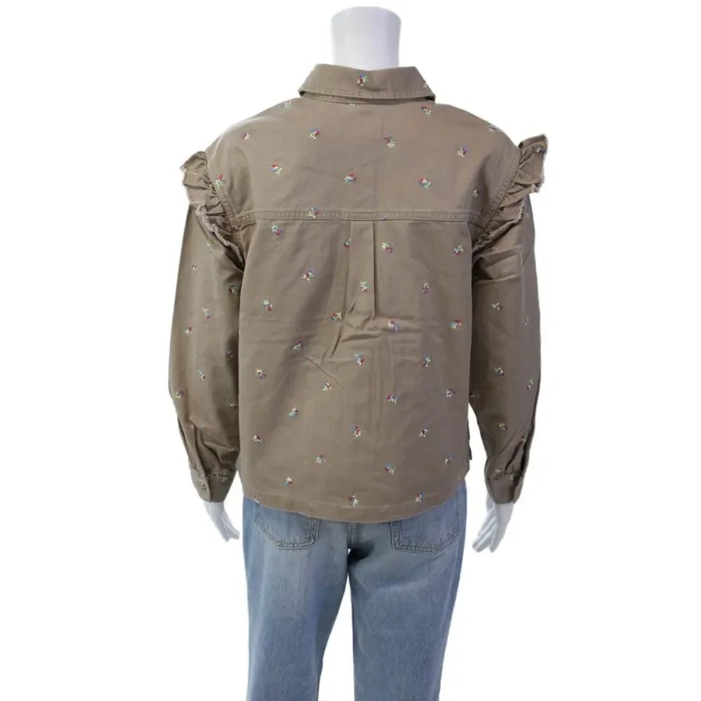 Something Navy Womens Floral Embroidered Ruffle Detail Denim Jacket Tan Size XS